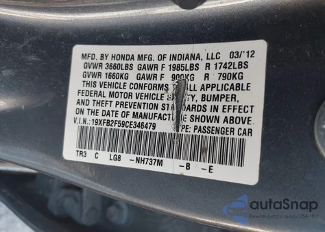 2012 Honda Civic Lx z USA, uszkodzony, nr VIN 19XFB2F59CE346479